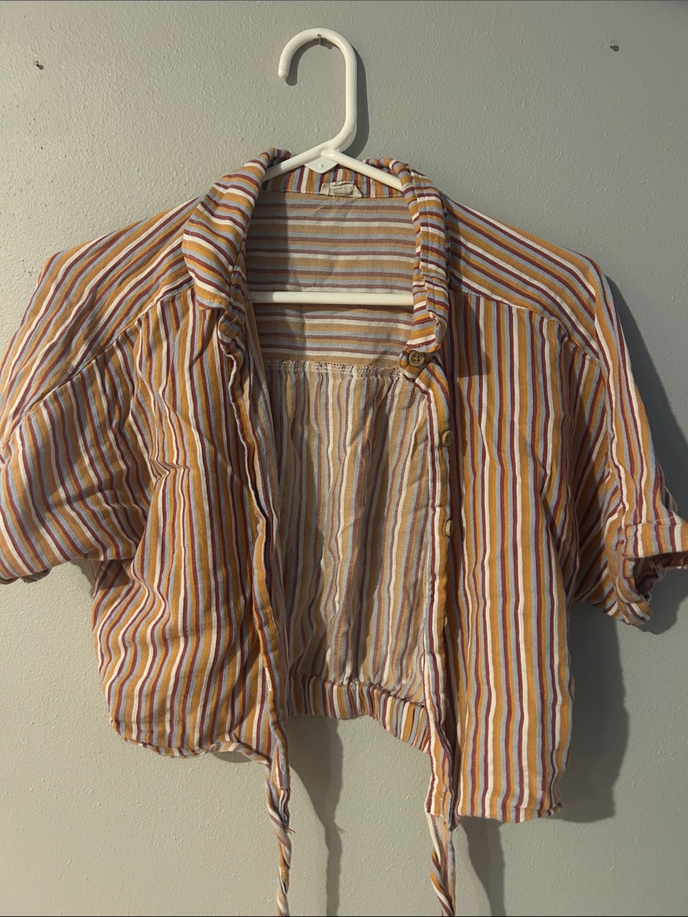 Garage Striped Button-Down Tie-Hem Top - Orange, Cream, Tan